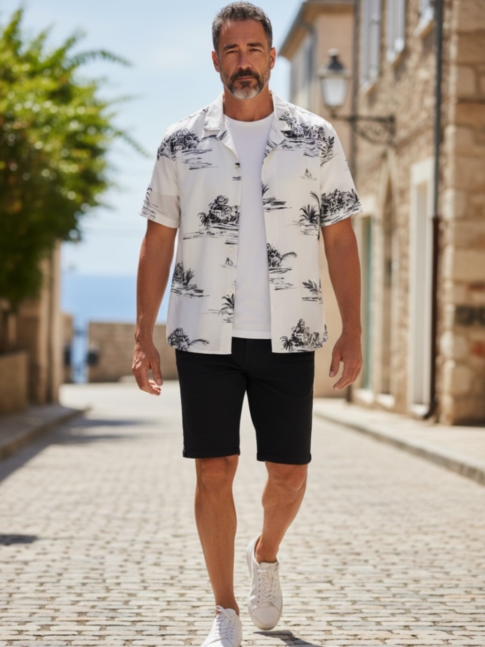 Zara Man White & Black Hawaiian Scenic Button-Down Short Sleeve Shirt | XL | NWT